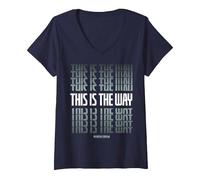 Femme Star Wars Mandalorian Stacked This is The Way Grey & White T-Shirt avec Col en V, Bleu Marine, L