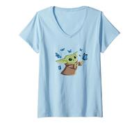 Femme Star Wars The Mandalorian Grogu with Blue Butterflies Cute T-Shirt avec Col en V