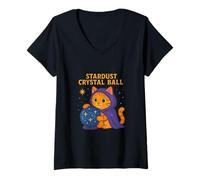 Femme Stardust Boule de Cristal Chat Mystique T-Shirt avec Col en V
