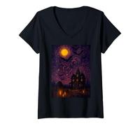 Femme Starry Bats and Moonlit Night - Van Gogh Style Halloween Tee T-Shirt avec Col en V