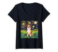 Femme Starry Night Dog Meadow - Scène artistique pour animaux de compagnie, chiot mignon T-Shirt avec Col en V