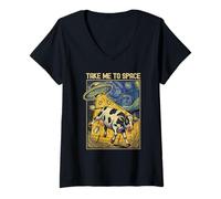 Femme Starry UFO Night Van Farmer Gogh Ferme Vache drôle Vintage T-Shirt avec Col en V