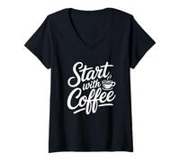 Femme Start with Coffee T-Shirt avec Col en V