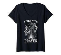 Femme Start with Prayer Minimal Christian Praying Citation T-Shirt avec Col en V