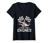 Femme Start Your Engines Voiture de Course Vintage à Carreaux T-Shirt avec Col en V