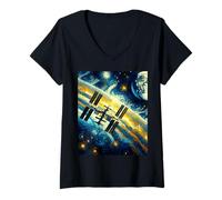 Femme Station Spatiale Internationale, Style Van Gogh Nuit étoilée T-Shirt avec Col en V