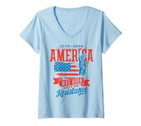 Femme Statue de Carte rétro America Born Out of Resistance 1776-2026 T-Shirt avec Col en V