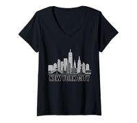 Femme Statue de la Liberté New York City Skyline Heartbeat Lover T-Shirt avec Col en V