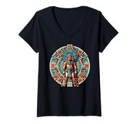 Femme Statue guerrière aztèque Histoire et Calendrier Mexicain Maya T-Shirt avec Col en V