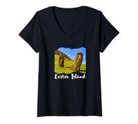 Femme Statue Moai Île de Pâques T-Shirt avec Col en V