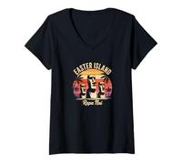 Femme Statue Moai Île de Pâques T-Shirt avec Col en V