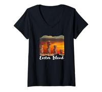 Femme Statue Moai Île de Pâques T-Shirt avec Col en V