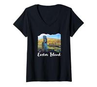 Femme Statue Moai Île de Pâques T-Shirt avec Col en V