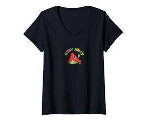 Femme Stay Juicy Chill Panneau de Paix rétro Motif pastèque T-Shirt avec Col en V