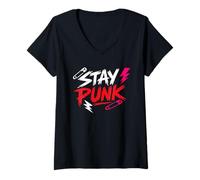 Femme Stay Punk - Graphique Minimaliste d’Attitude Punk Rock T-Shirt avec Col en V