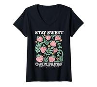 Femme Stay Sweet Fruit of The Spirit Christian Boho Strawberry T-Shirt avec Col en V