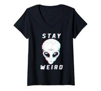 Femme Stay Weird Alien Face Glitch UFO Sci FI Extraterrestre T-Shirt avec Col en V