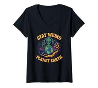 Femme Stay Weird Planet Earth - Alien rétro Cool pour Les Amateurs de l'espace T-Shirt avec Col en V