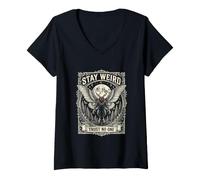 Femme Stay Weird Trust No One Cryptid Mothman Randonnée Halloween T-Shirt avec Col en V