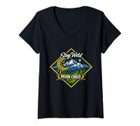 Femme Stay Wild Moon Child Montagne Nature Aventure Boho T-Shirt avec Col en V