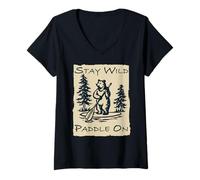 Femme Stay Wild Paddle on Bear Planche à pagaie Humoristique Vintage T-Shirt avec Col en V