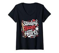 Femme Stealing Bases and Hearts Jeux de Mots de Baseball - T-Shirt avec Col en V