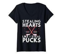 Femme Stealing Hearts Like I Steal Pucks Valentines Hockey T-Shirt avec Col en V
