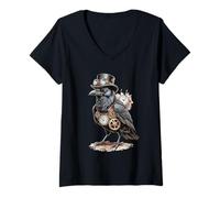 Femme Steampunk Crow Top Hat Lunettes horloges et Engrenages T-Shirt avec Col en V