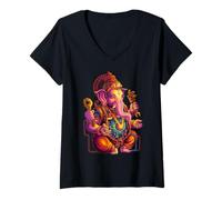Femme Steampunk Hindou Ganesh Puja Éléphant Méditation Yoga Murti T-Shirt avec Col en V