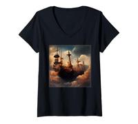 Femme Steampunk Pirate Ship in The Clouds Peinture numérique T-Shirt avec Col en V