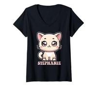 Femme Stephanie Motif chat mignon pour fille Nom Stephanie T-Shirt avec Col en V