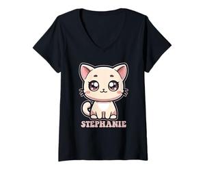 Femme Stephanie Motif chat mignon pour fille Nom Stephanie T-Shirt avec Col en V
