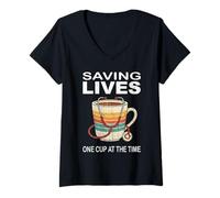 Femme Stéthoscope à café « Saving Lives One Cup At The Time » T-Shirt avec Col en V