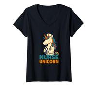 Femme Stéthoscope Arc-en-Ciel Licorne Infirmière T-Shirt avec Col en V