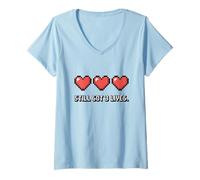 Femme Still Got 3 Lives Jeu vidéo rétro Amusant Pixel Hearts T-Shirt avec Col en V