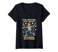 Femme Still Partying Raving OldSkool Raver Squelette T-Shirt avec Col en V
