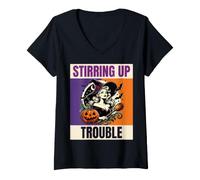Femme Stirring Up Trouble Pin Up Sorcière Halloween T-Shirt avec Col en V