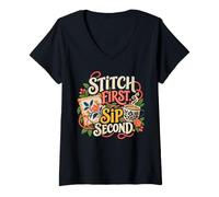 Femme Stitch, première gorgée, deuxième Aiguille et café T-Shirt avec Col en V
