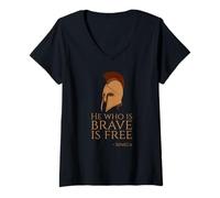 Femme Stoïcisme - Citation de philosophie stoïcienne « He Who is Brave is Free » T-Shirt avec Col en V