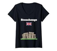 Femme Stonehenge Voyage Souvenir Ancien Cercle Pierre Amant Drapeau du Royaume-Uni T-Shirt avec Col en V