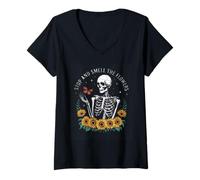 Femme Stop and Smell The Flowers Squelette Humour T-Shirt avec Col en V