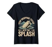Femme Stop Dropping Trash Into The Splash Ocean Pollution - T-Shirt avec Col en V