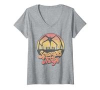 Femme Stranger Things 80's Sunset Mindflayer Group T-Shirt avec Col en V