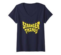Femme Stranger Things Flame Logo T-Shirt avec Col en V