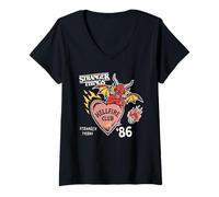 Femme Stranger Things Hellfire Hearts Officiellement licencie T-Shirt avec Col en V