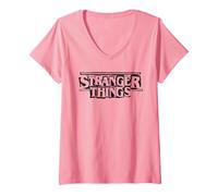 Femme Stranger Things Punk Logo Black T-Shirt avec Col en V