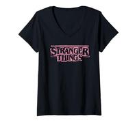 Femme Stranger Things Punk Logo Pink T-Shirt avec Col en V