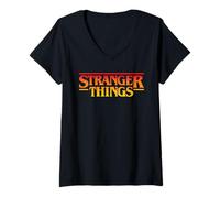 Femme Stranger Things Sunset Pixel Logo T-Shirt avec Col en V