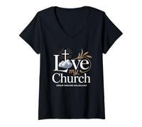 Femme Streetwear chrétien I Love My Church Cross T-Shirt avec Col en V