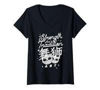 Femme Strength and Tradition in Lion Dance Art T-Shirt avec Col en V
